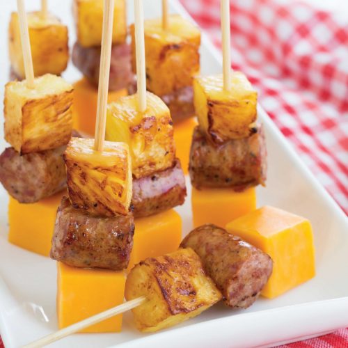 Hawaiian Skewers with Pineapple, Sausage, and Cheddar Cheese