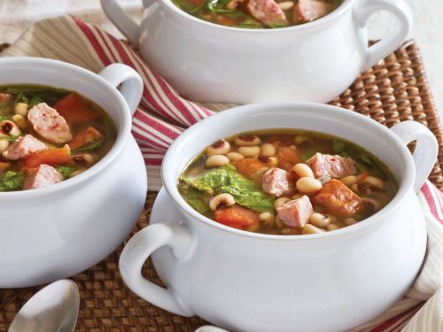 New Years Soup with Sausage in 3 bowls
