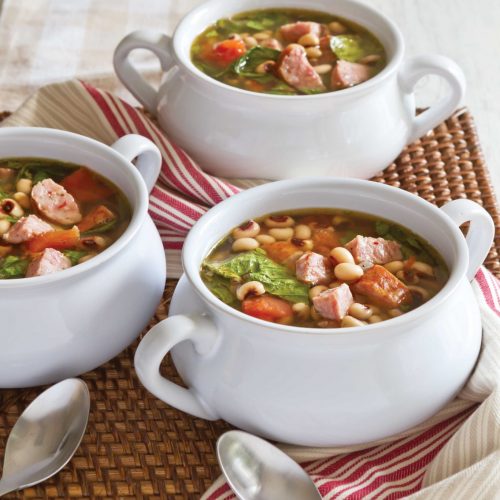 New Years Soup with Sausage in 3 bowls